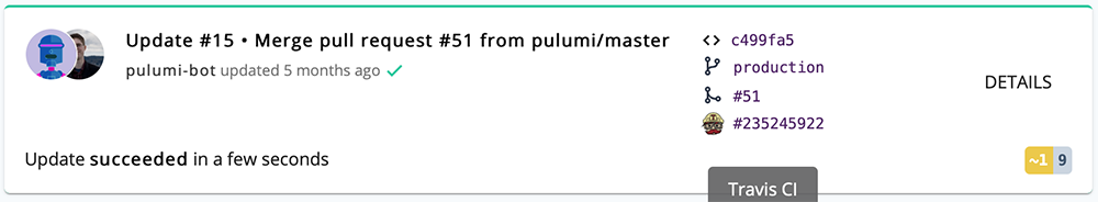 Link to the Travis CI Build from the Pulumi Console