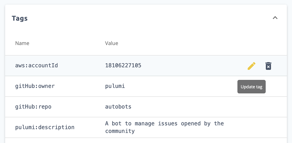 Updating stack tags within the Pulumi Console