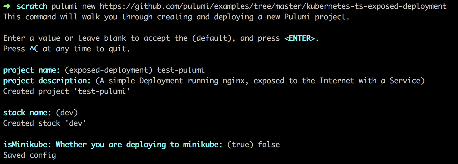 Pulumi CLI questions prompt Pulumi CLI questions