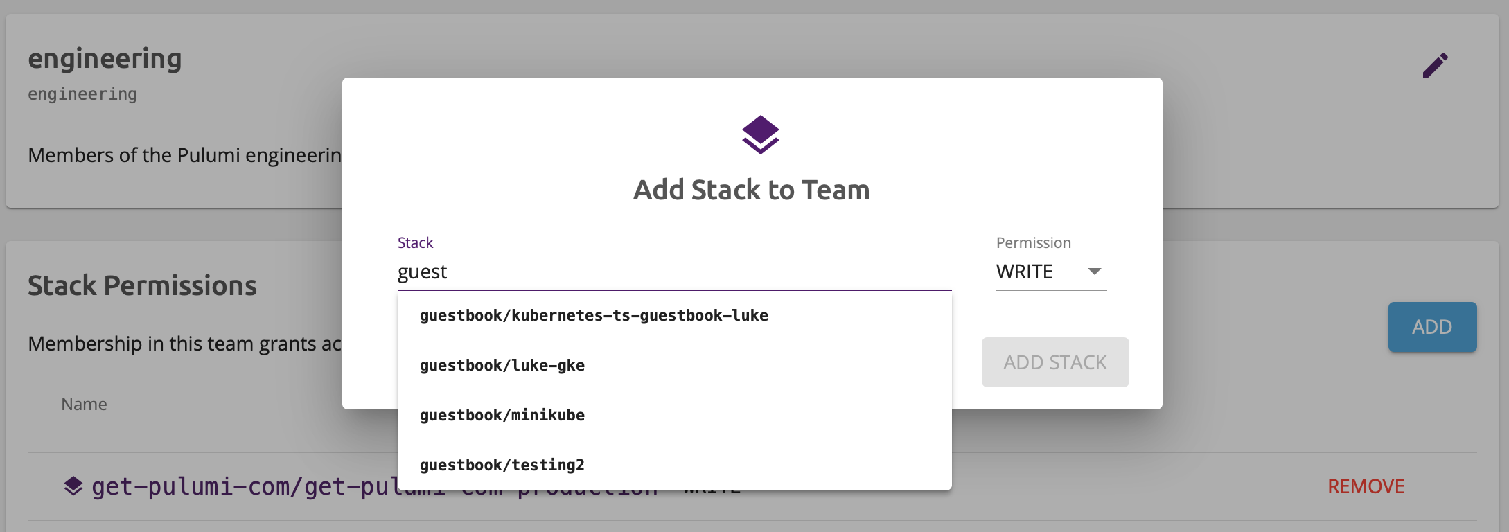 Editing team stacks and permissions