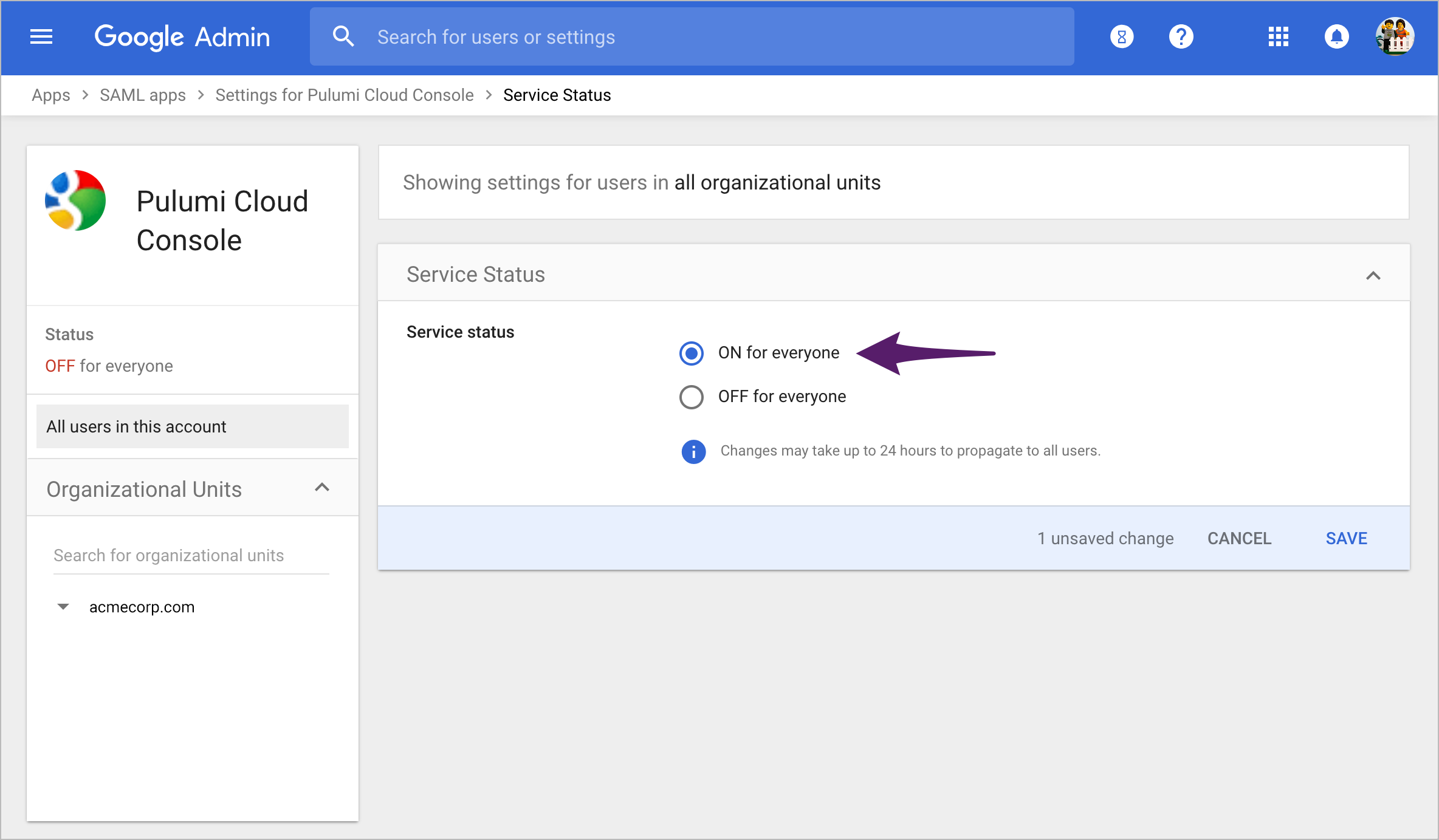 Enable the SAML application