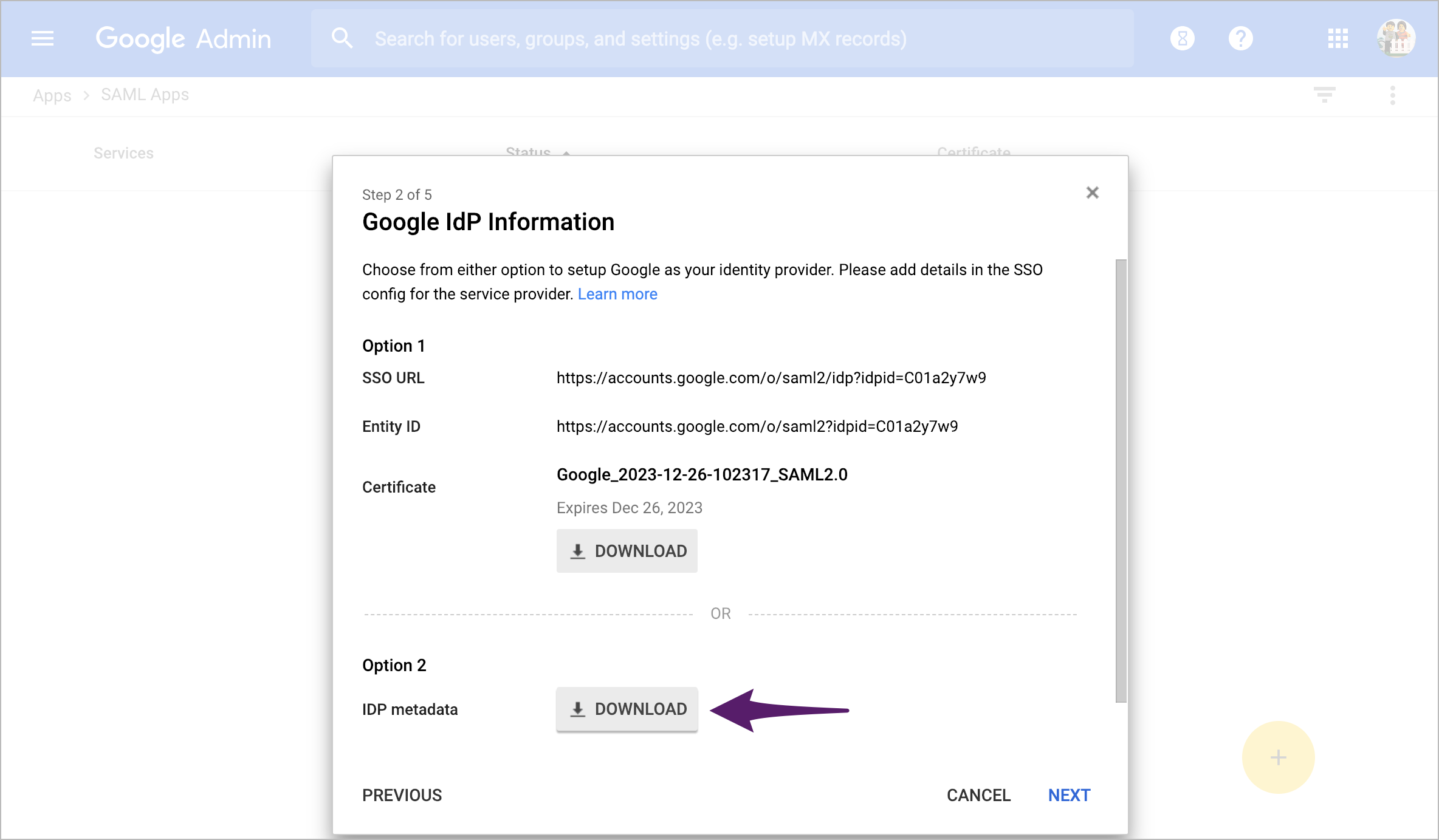 Step 2: Download IDP metadata