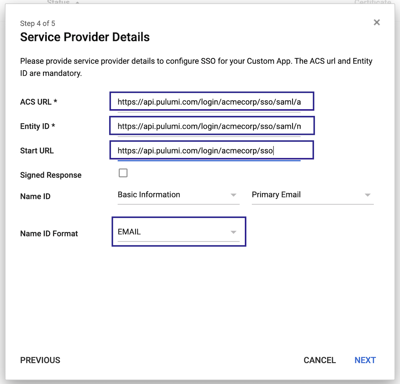 Step 4: Provide ACS and metadata URLs