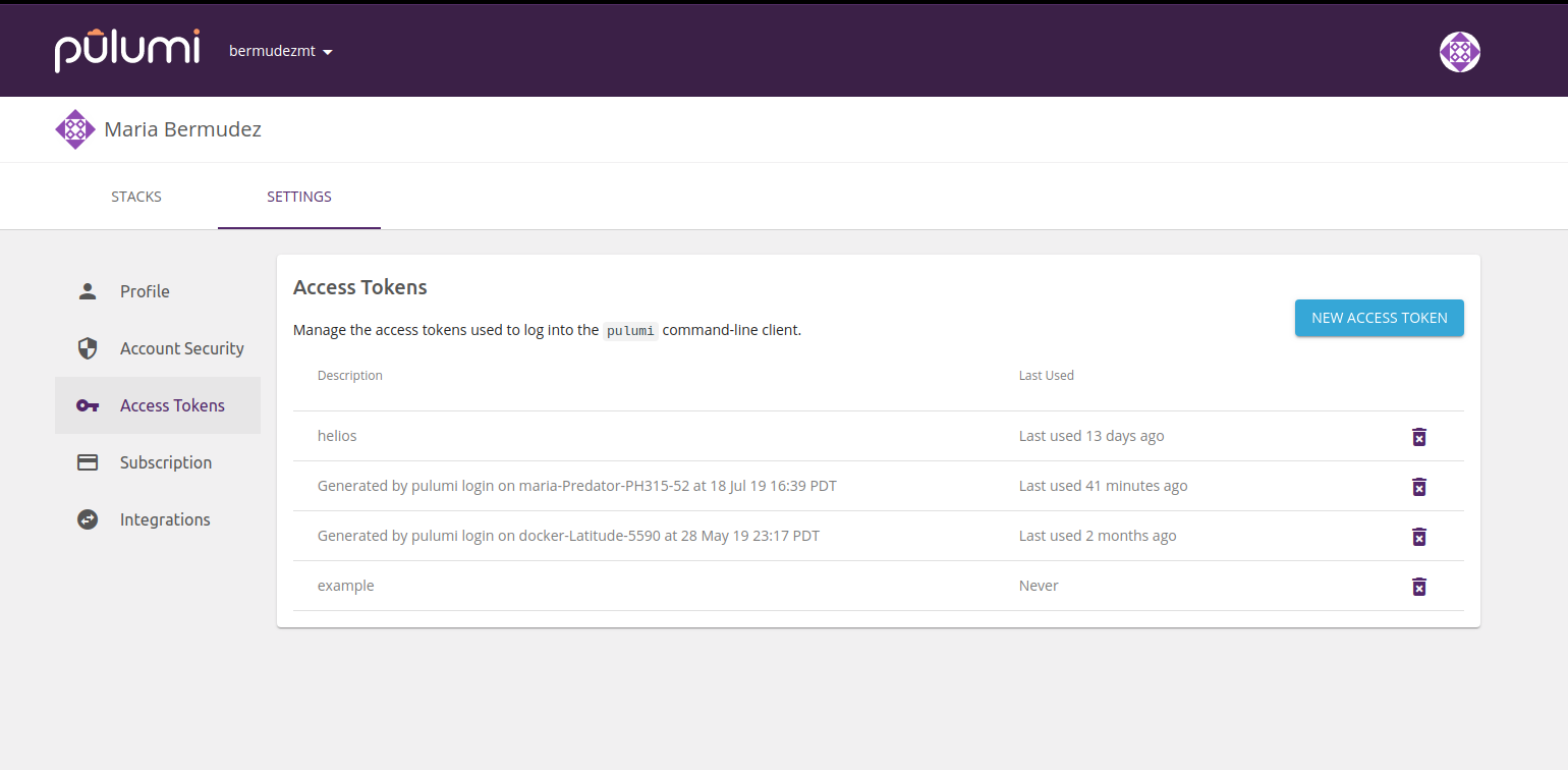 Pulumi.com Tokens Page